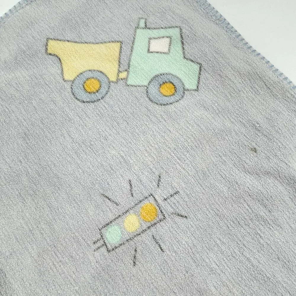 Large Kooshies Blue Car Baby Blanket Green Yellow 100% Cotton Dump Truck Vintge